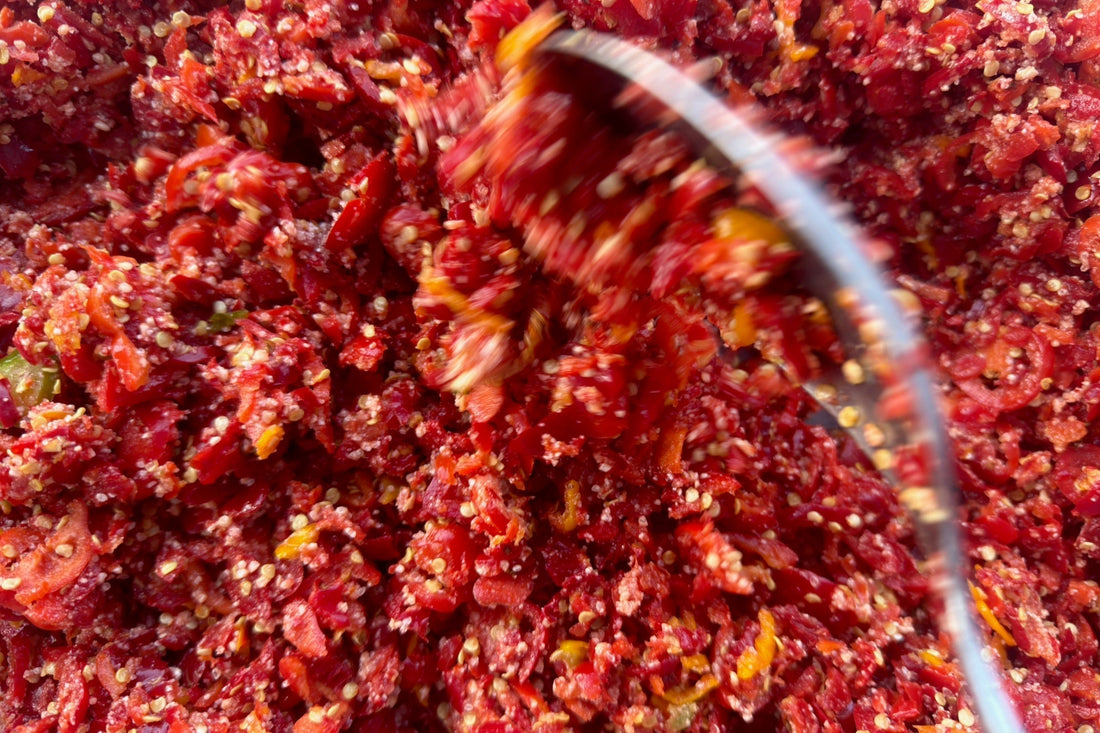 red chilli chopped and mixed with salt for maximum fermentation flavour