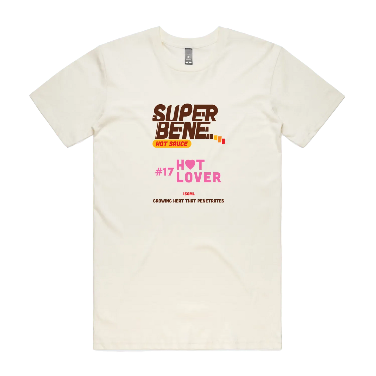 Beige t-shirt with 'Super Bene Hot Sauce' text on a white background
