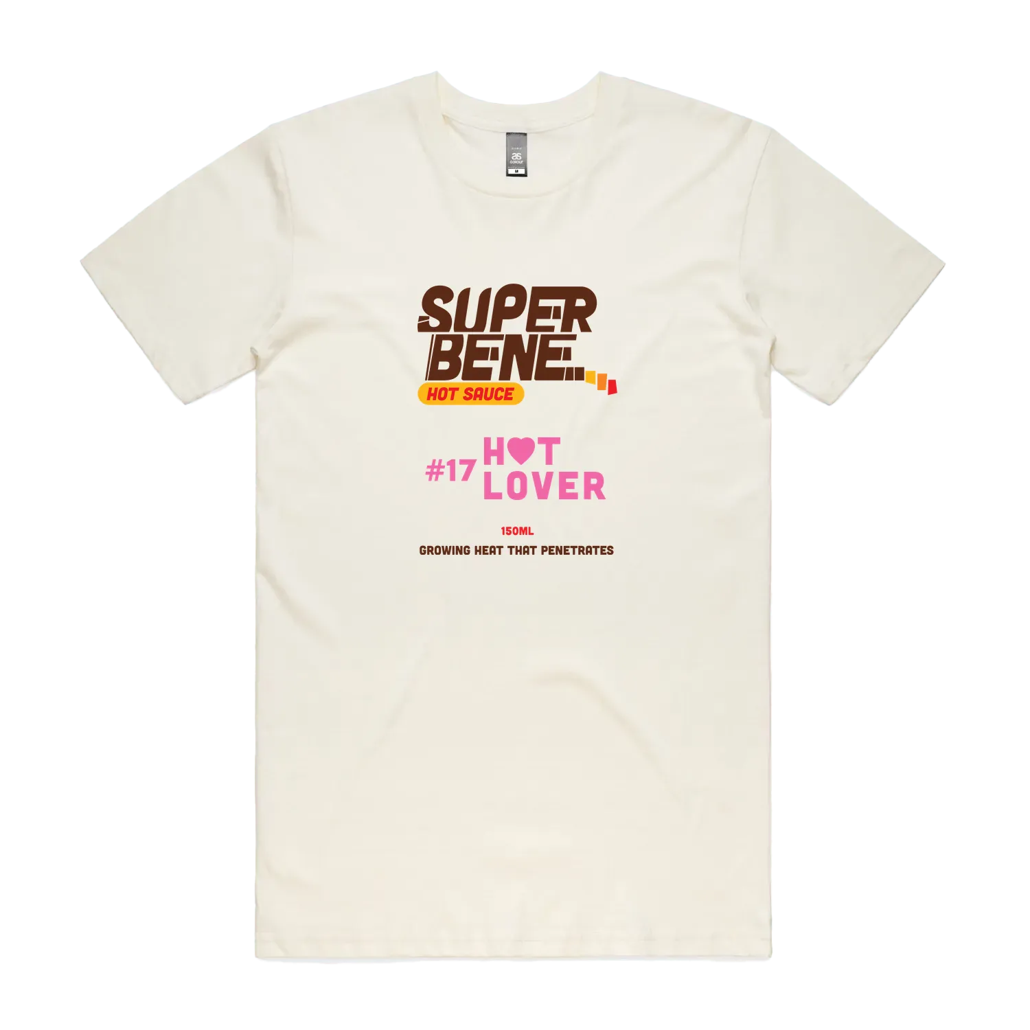 Beige t-shirt with 'Super Bene Hot Sauce' text on a white background