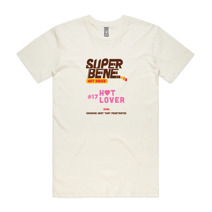 Beige t-shirt with 'Super Bene Hot Sauce' text on a white background