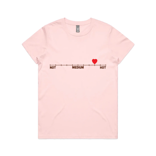 women's graphic tee, funny t-shirt, spicy humor shirt, heat scale tee, statement tee, soft cotton tee, gift for her, trendy tee, pink t-shirt, novelty t-shirt